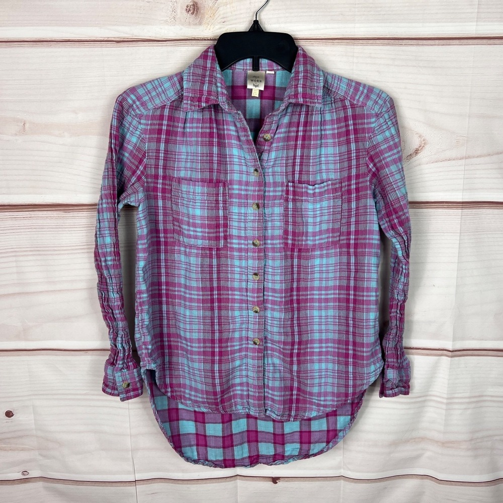 Seen Worn Kept Top Womens US 0 Pink Blue Plaid Shirt Cotton Gauze Button Up